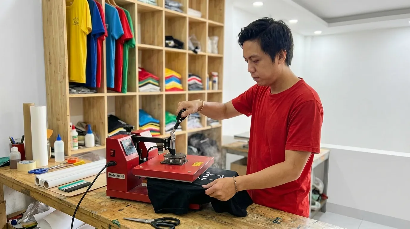 Young Vietnamese man with short spiky black hair operating a small red heat press machine, sitting on white tile floor, light wood grid shelving unit with colorful hanging t-shirts in background