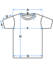 T-shirt measurement diagram showing points A through H
